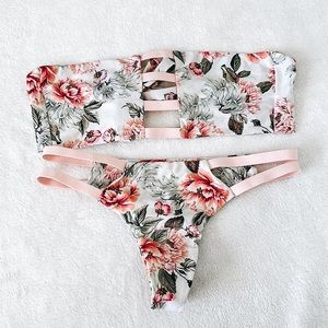 Salty K Floral Strapless Cheeky Bikini Swimsuit White/Pink/Green Large